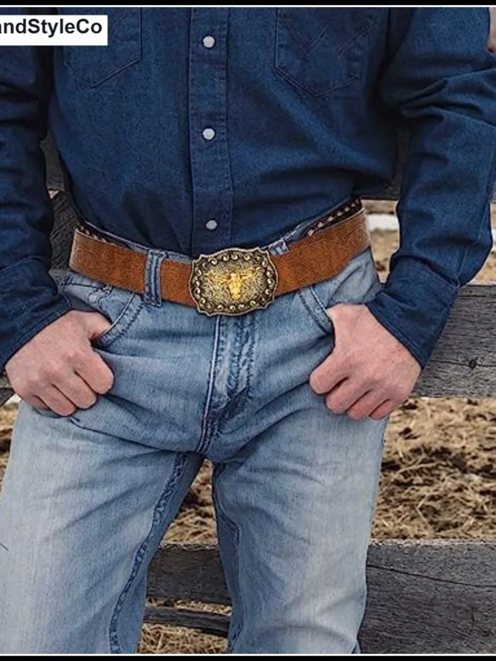 Western Cowboy Belt with Bull Buckle Vintage Engraved PU Leather